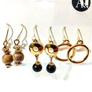 A&I New Drop Earrings Fish Hook Wire Three Pair Gold-tone Neutrals